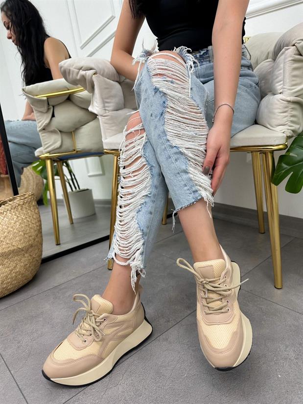 Bej Cilt (John) Kadın Bağcıklı Sneakers