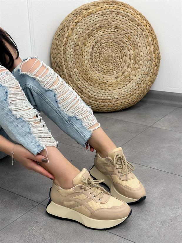 Bej Cilt (John) Kadın Bağcıklı Sneakers
