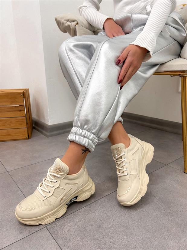 Bej Cilt (Leo) Leopar Detaylı Kadın Bağcıklı Sneakers