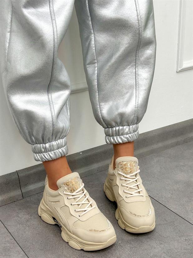 Bej Cilt (Leo) Leopar Detaylı Kadın Bağcıklı Sneakers