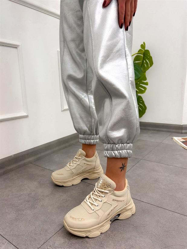 Bej Cilt (Leo) Leopar Detaylı Kadın Bağcıklı Sneakers