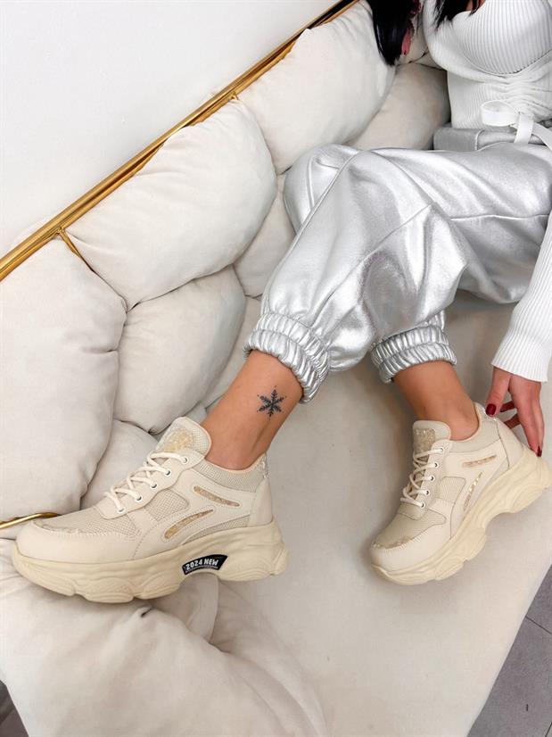 Bej Cilt (Leo) Leopar Detaylı Kadın Bağcıklı Sneakers