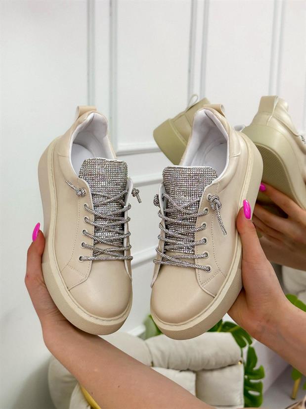 Bej Cilt (Nevada) Taş Detay Kadın Bağcıklı Sneakers