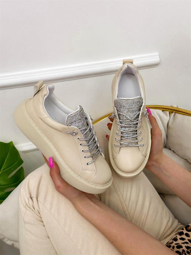 Bej Cilt (Nevada) Taş Detay Kadın Bağcıklı Sneakers