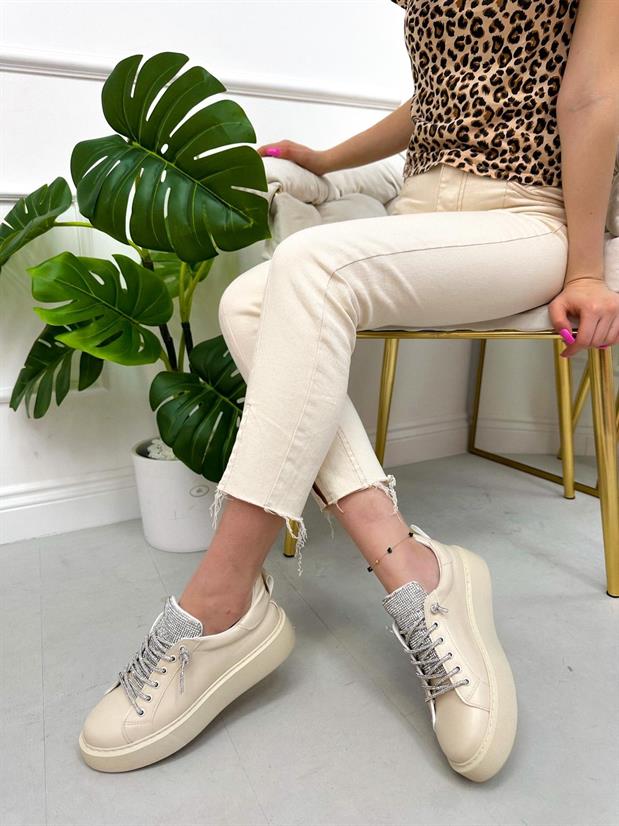 Bej Cilt (Nevada) Taş Detay Kadın Bağcıklı Sneakers