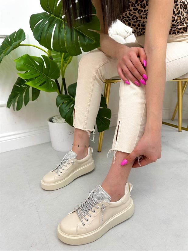 Bej Cilt (Nevada) Taş Detay Kadın Bağcıklı Sneakers