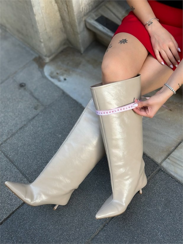 Bej Cilt (Veray) XL Oversize Kalın Baldır 5 Cm Mini Topuk Çizme