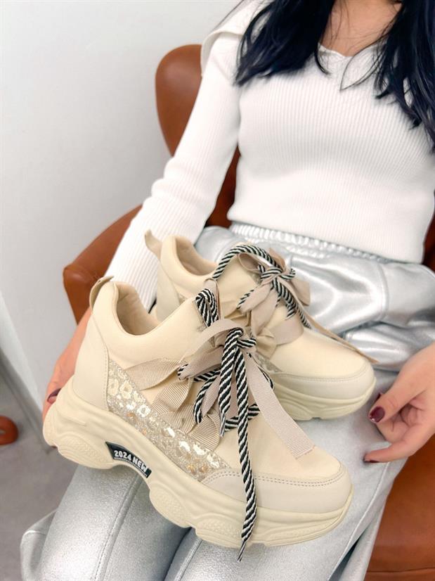 Bej Dalgıç (Bonnie) Fiyonk Detay Kadın Bağcıklı Sneakers