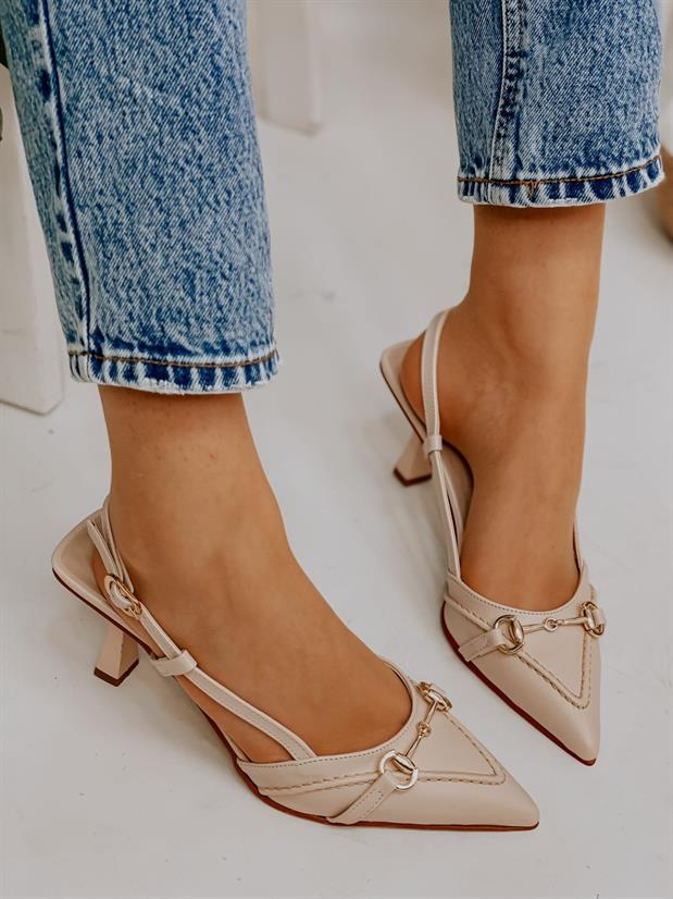 Bej Deri (Moss) Toka Detay Kadın Stiletto