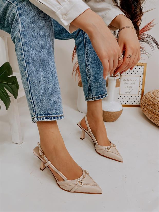 Bej Deri (Moss) Toka Detay Kadın Stiletto