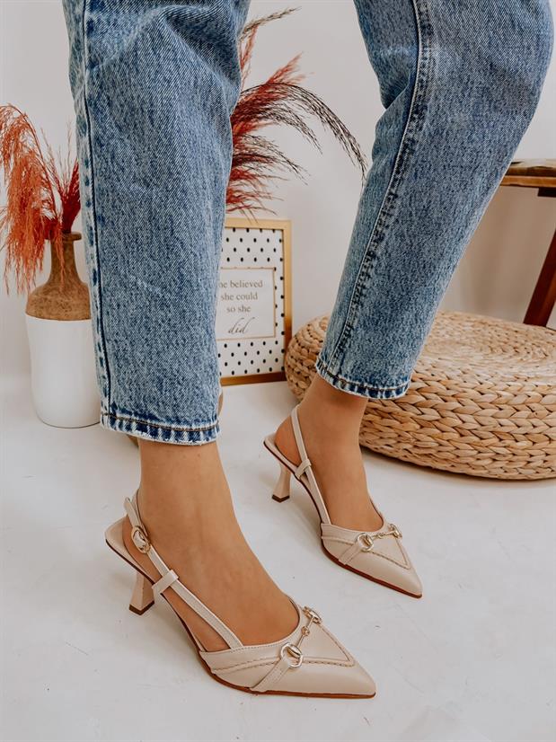 Bej Deri (Moss) Toka Detay Kadın Stiletto