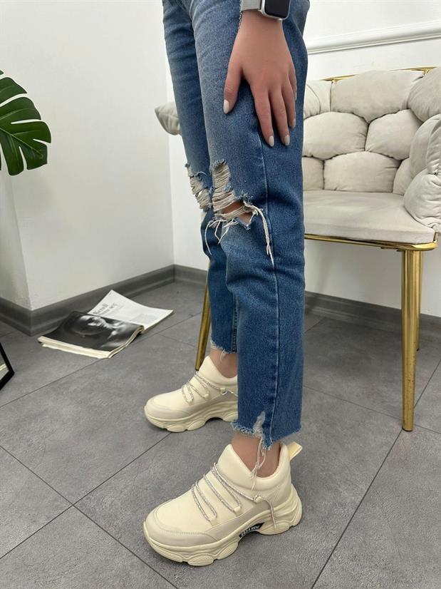Bej (Dore) Kadın Gizli Topuklu Bağcıklı Sneakers