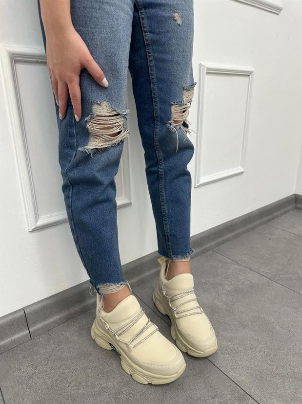 Bej (Dore) Kadın Gizli Topuklu Bağcıklı Sneakers
