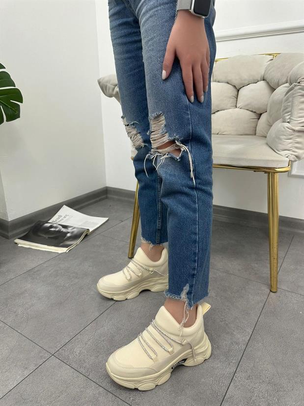 Bej (Dore) Kadın Gizli Topuklu Bağcıklı Sneakers
