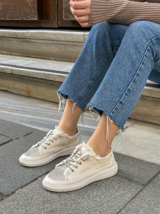 Bej Keten (Jule) Taş Bağcıklı Kadın Sneakers