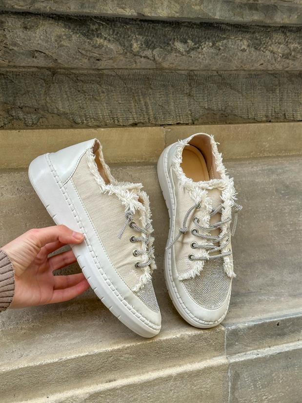 Bej Keten (Jule) Taş Bağcıklı Kadın Sneakers