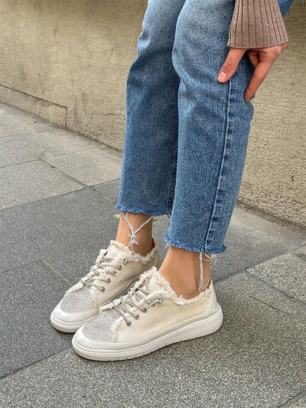Bej Keten (Jule) Taş Bağcıklı Kadın Sneakers