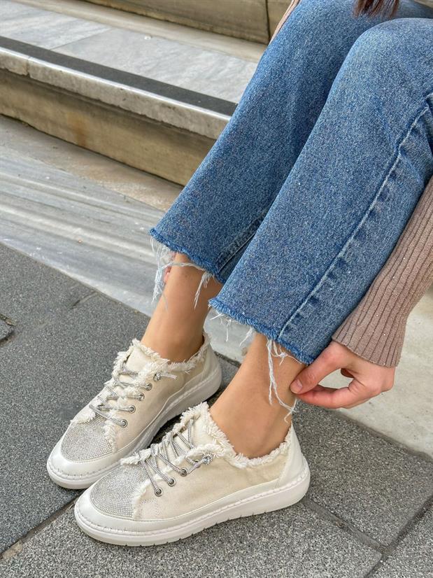 Bej Keten (Jule) Taş Bağcıklı Kadın Sneakers