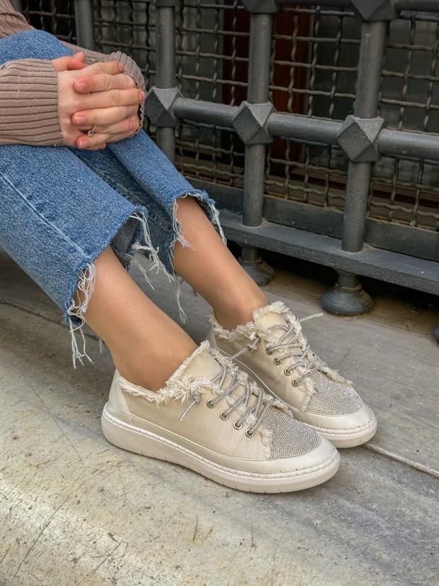 Bej Keten (Jule) Taş Bağcıklı Kadın Sneakers