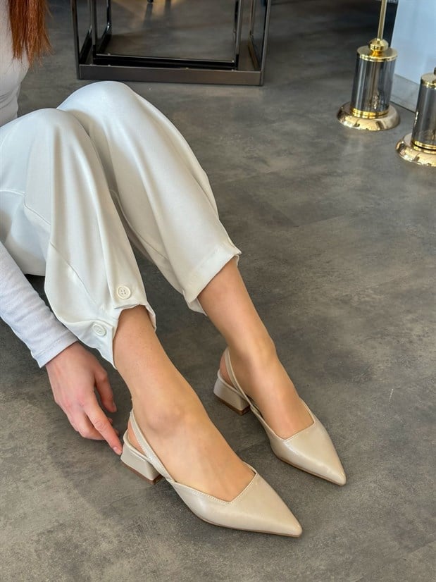 Bej Kırışık Deri (Terry) Kadın Babet