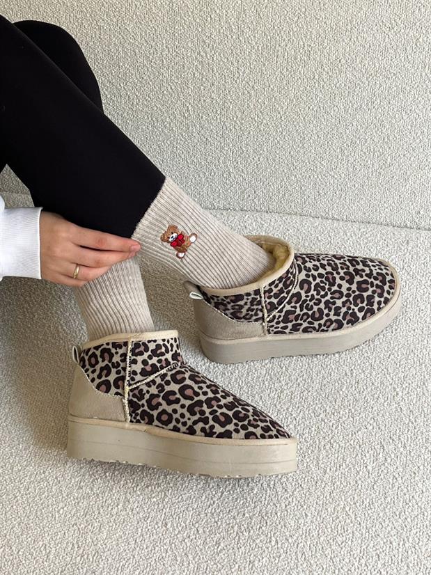 Bej Leopar Süet Kar Botu (Mini XL) Kadın Bot