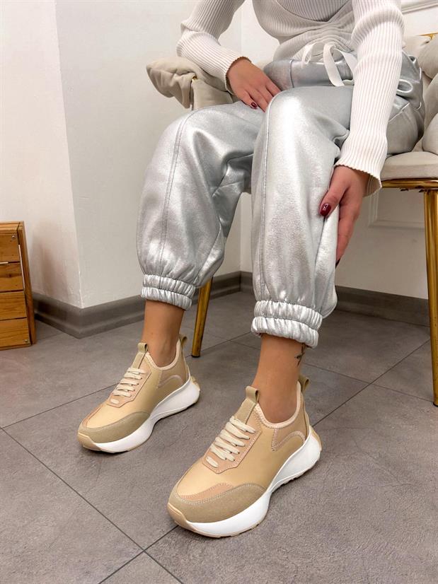Bej Triko (Mines) Kadın Bağcıklı Sneakers