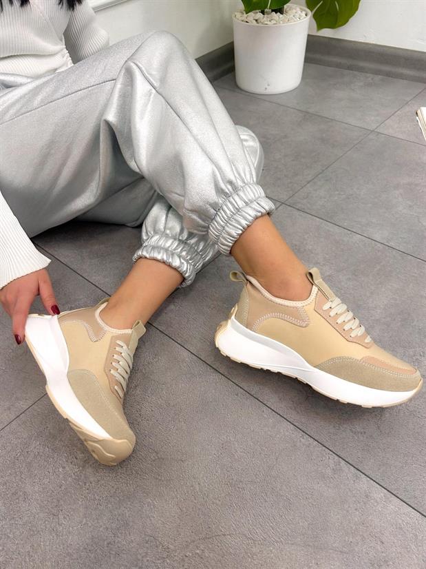 Bej Triko (Mines) Kadın Bağcıklı Sneakers