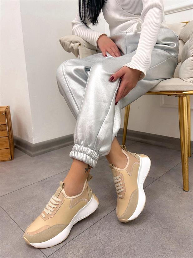Bej Triko (Mines) Kadın Bağcıklı Sneakers