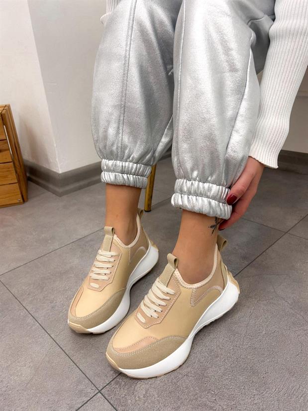Bej Triko (Mines) Kadın Bağcıklı Sneakers