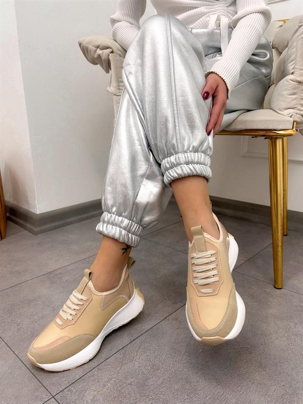 Bej Triko (Mines) Kadın Bağcıklı Sneakers