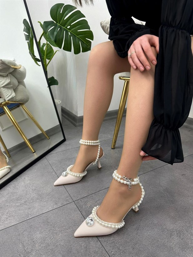 Bej Saten (Rival) İnci Detay Kadın Stiletto