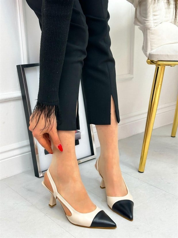 Bej Siyah Deri (Jake) Maskelet Detay Kadın Açık Stiletto
