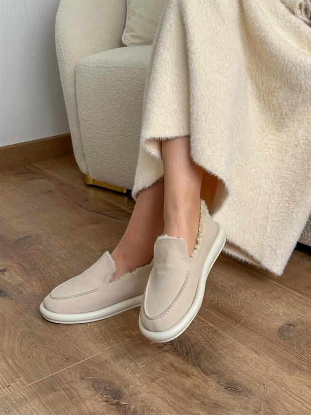 Bej Süet (Juno) İci Peluş Kadın Loafer
