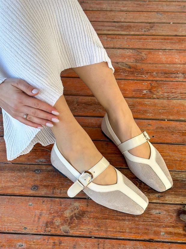 Bej Süet (Luna) Deri Parça Detay Kadın Babet