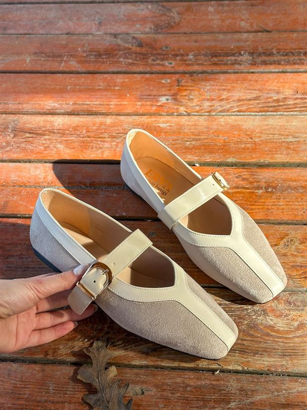 Bej Süet (Luna) Deri Parça Detay Kadın Babet