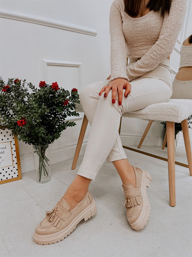 Bej Süet (Tassel) Püskül Detay Kadın Loafer