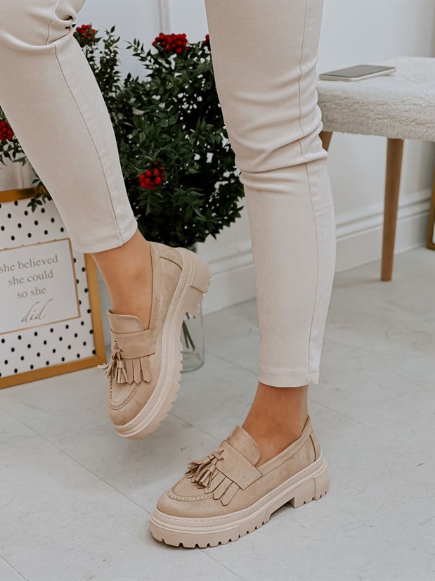 Bej Süet (Tassel) Püskül Detay Kadın Loafer