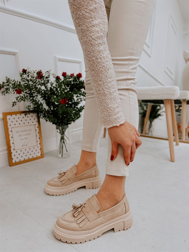 Bej Süet (Tassel) Püskül Detay Kadın Loafer