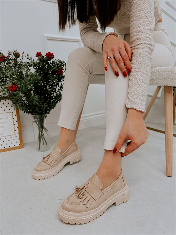 Bej Süet (Tassel) Püskül Detay Kadın Loafer