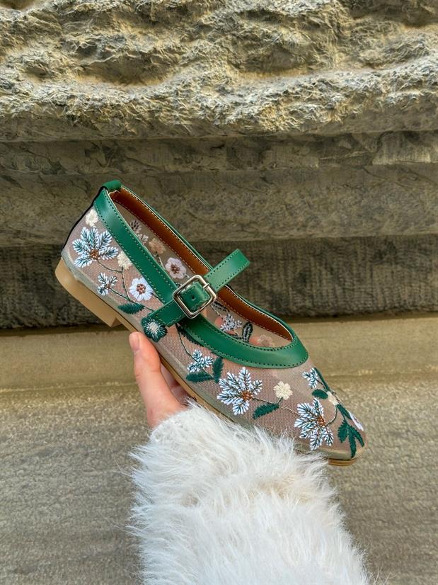 Bej Tül (Rosa) Yeşil Nakış İşlemeli Kadın Babet