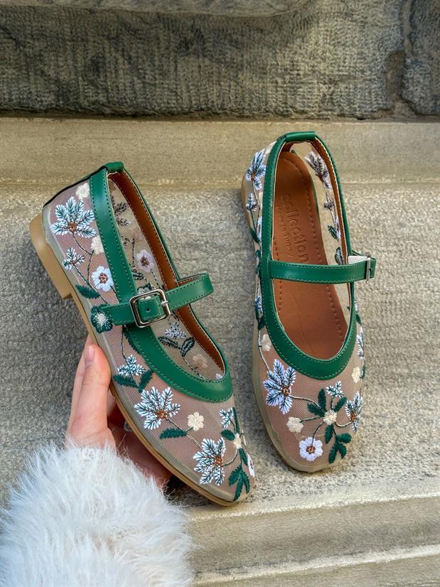 Bej Tül (Rosa) Yeşil Nakış İşlemeli Kadın Babet