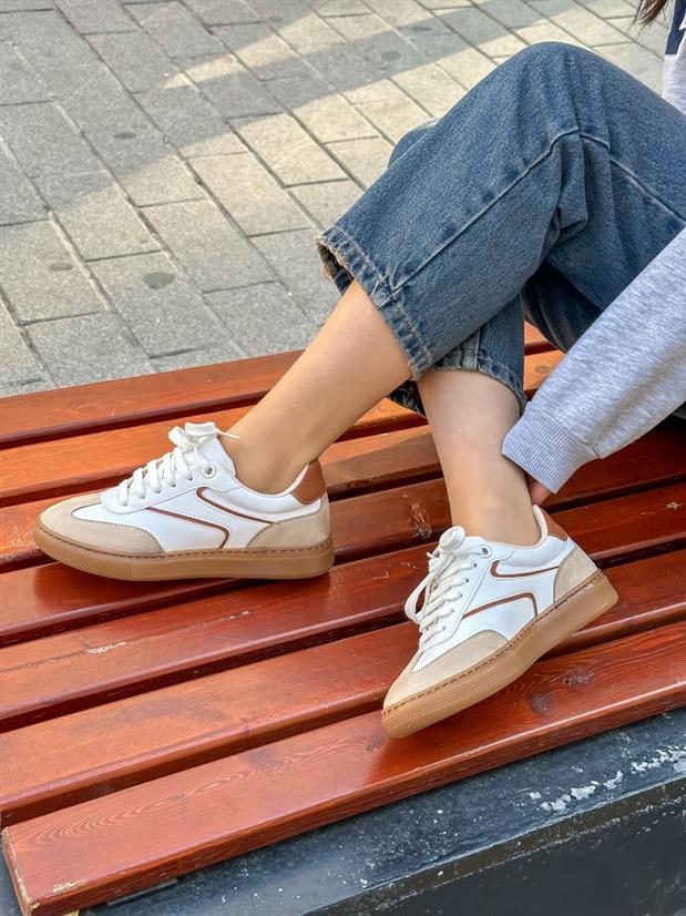 Beyaz Bej Cilt (Wins) Bağcıklı Kadın Sneakers