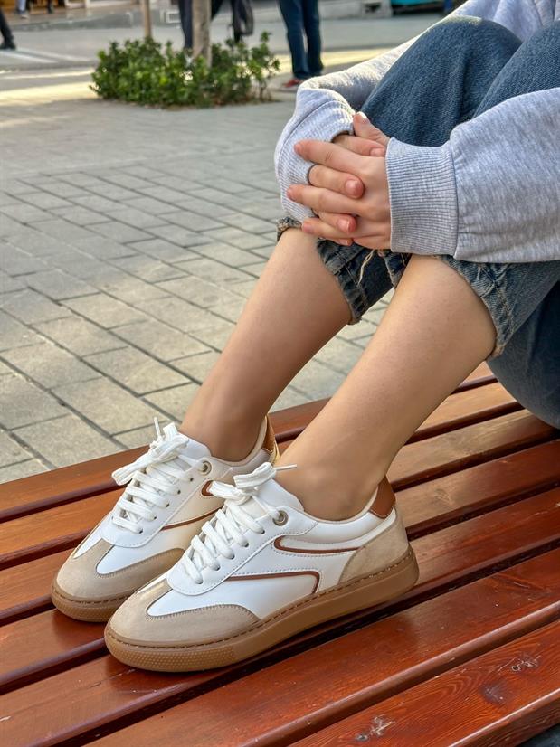 Beyaz Bej Cilt (Wins) Bağcıklı Kadın Sneakers