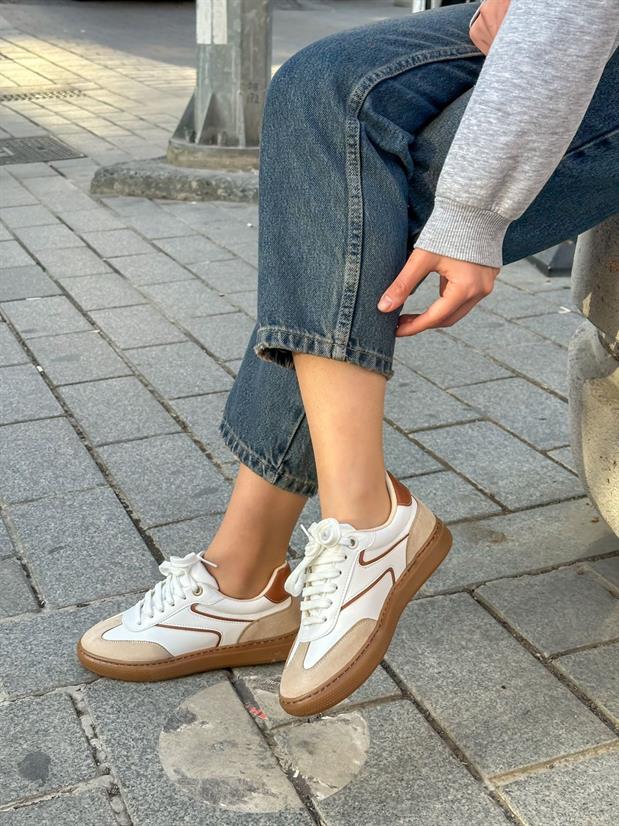Beyaz Bej Cilt (Wins) Bağcıklı Kadın Sneakers