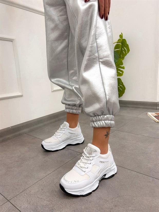 Beyaz Cilt (Leo) Leopar Detaylı Kadın Bağcıklı Sneakers