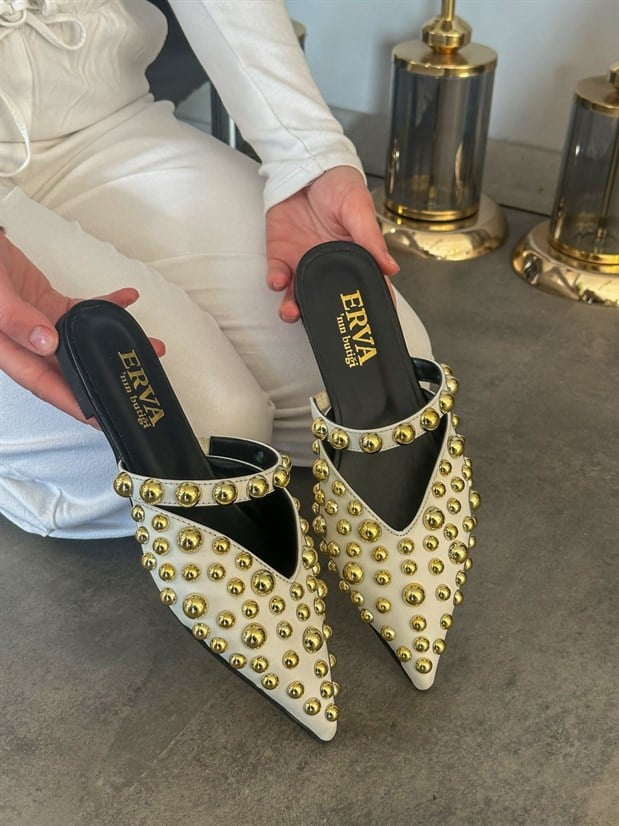 Beyaz Cilt (Maria) Gold Droplu Kadın Terlik