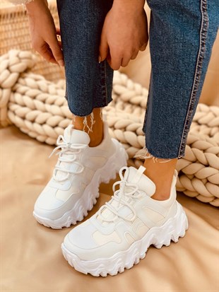 Beyaz Deri (Ripple) Kadın Bağcıklı Sneakers