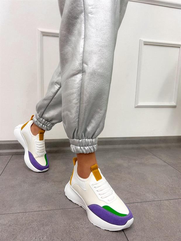 Beyaz Lila Triko (Mines) Kadın Bağcıklı Sneakers