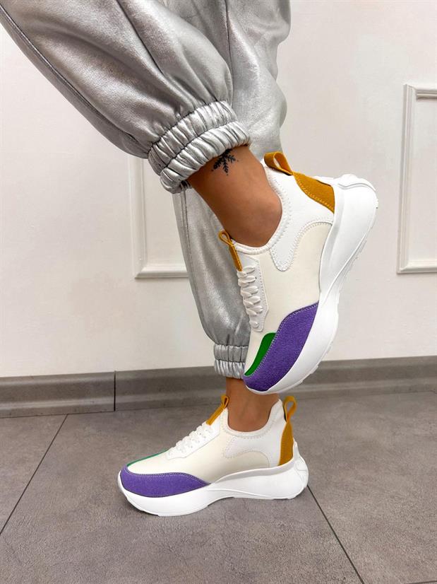 Beyaz Lila Triko (Mines) Kadın Bağcıklı Sneakers