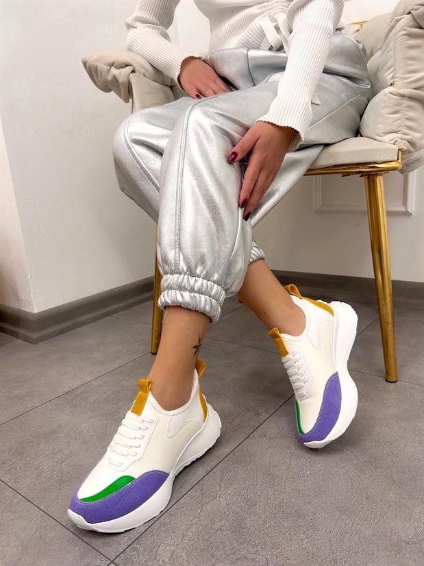 Beyaz Lila Triko (Mines) Kadın Bağcıklı Sneakers
